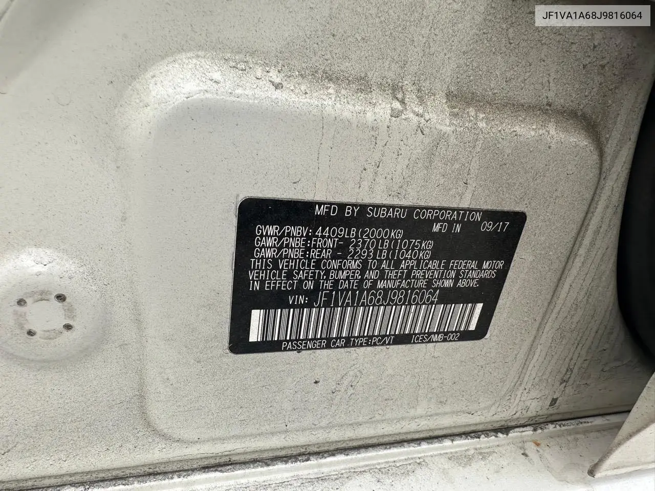 2018 Subaru Wrx VIN: JF1VA1A68J9816064 Lot: 63134735