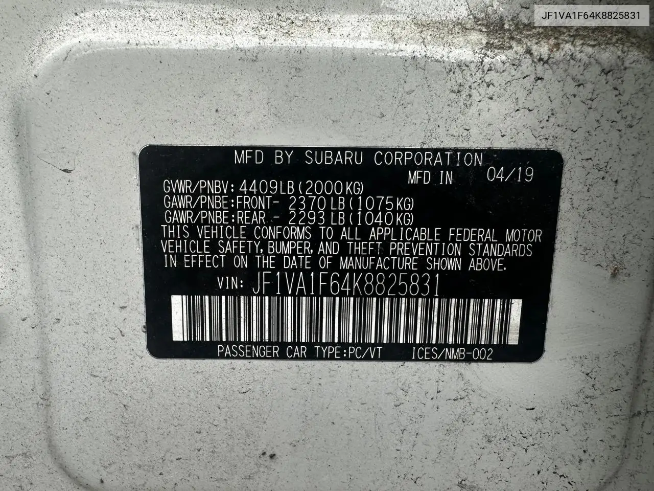 2019 Subaru Wrx Premium VIN: JF1VA1F64K8825831 Lot: 60343305