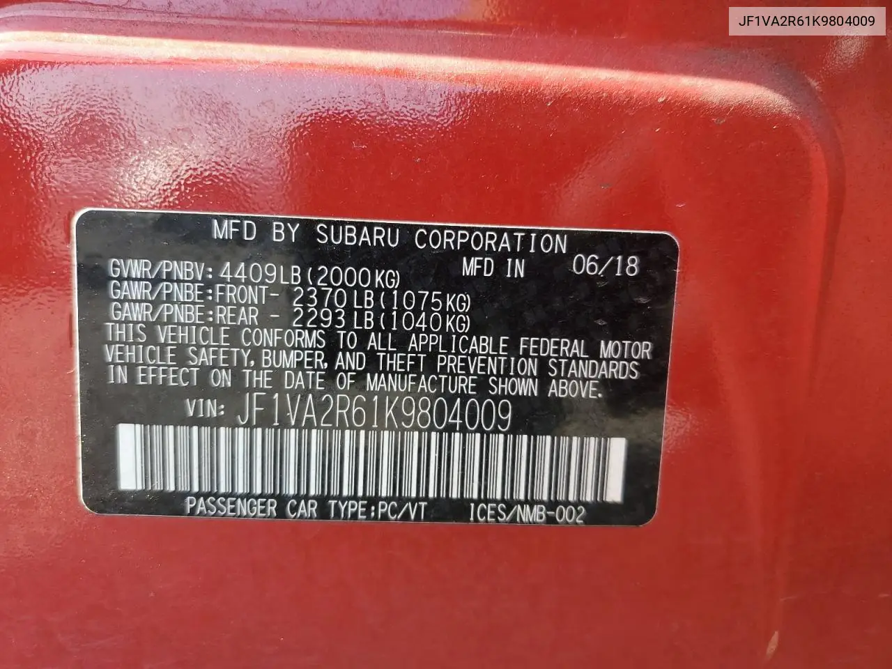 2019 Subaru Wrx Sti VIN: JF1VA2R61K9804009 Lot: 61275975