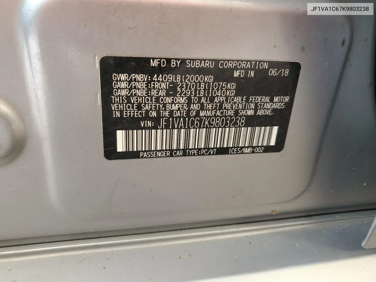 2019 Subaru Wrx Premium VIN: JF1VA1C67K9803238 Lot: 61372685