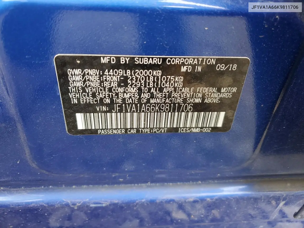 2019 Subaru Wrx VIN: JF1VA1A66K9811706 Lot: 62104985