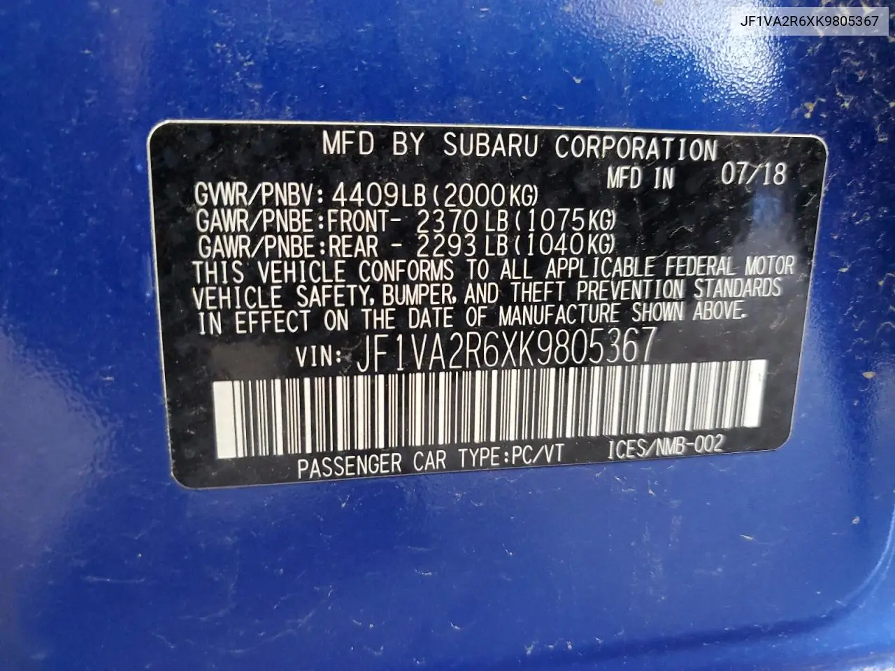 2019 Subaru Wrx Sti VIN: JF1VA2R6XK9805367 Lot: 62823405