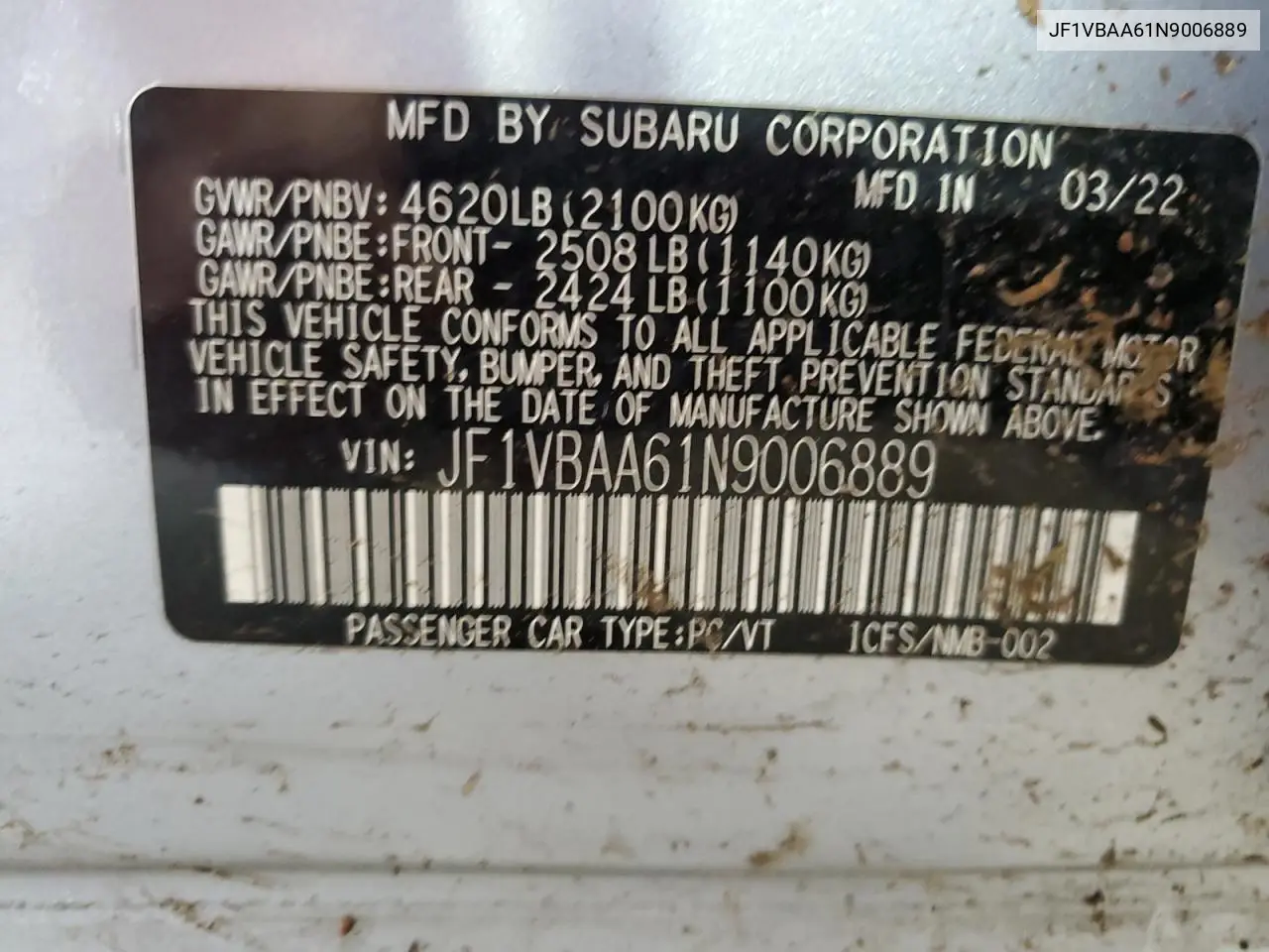 2022 Subaru Wrx VIN: JF1VBAA61N9006889 Lot: 63010685