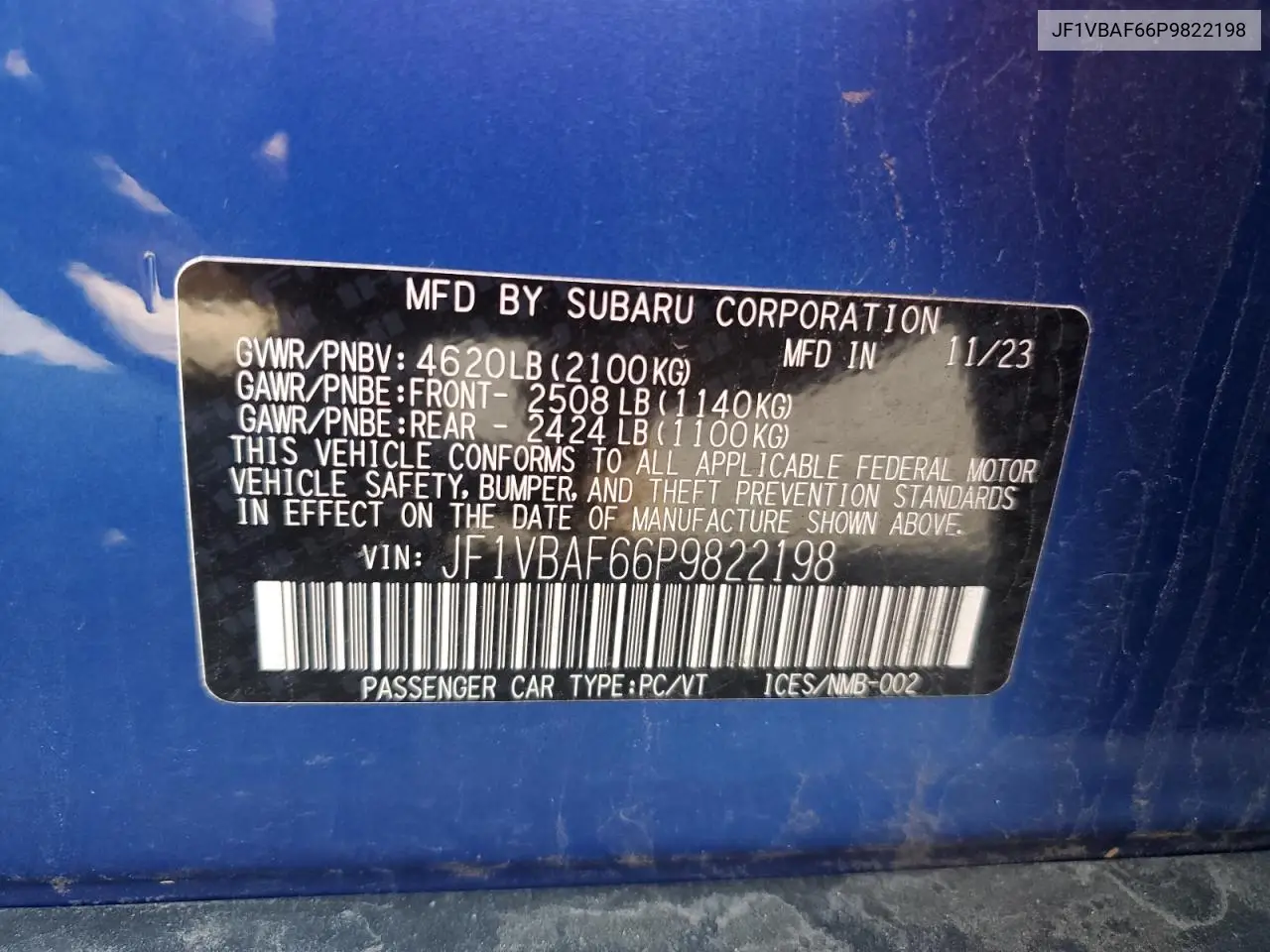 2023 Subaru Wrx Premium VIN: JF1VBAF66P9822198 Lot: 62338545