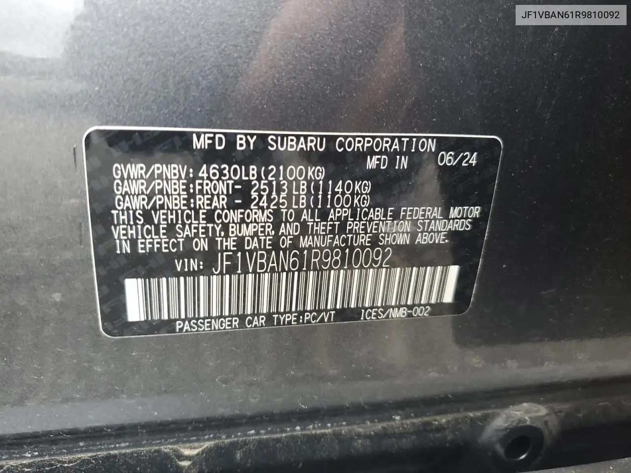 2024 Subaru Wrx Limited VIN: JF1VBAN61R9810092 Lot: 61493075