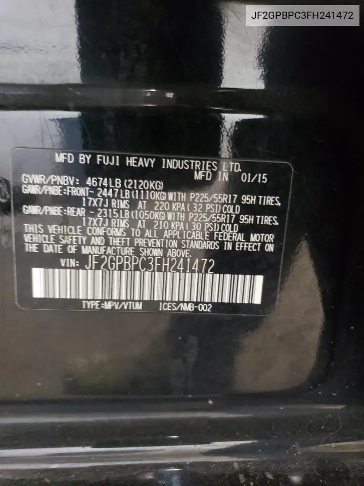 2015 Subaru Xv Crosstrek 2.0I Hybrid Touring VIN: JF2GPBPC3FH241472 Lot: 56646815