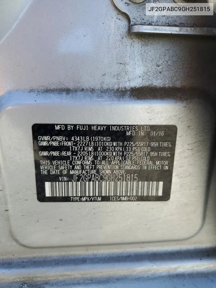 2016 Subaru Crosstrek Premium VIN: JF2GPABC9GH251815 Lot: 63068585