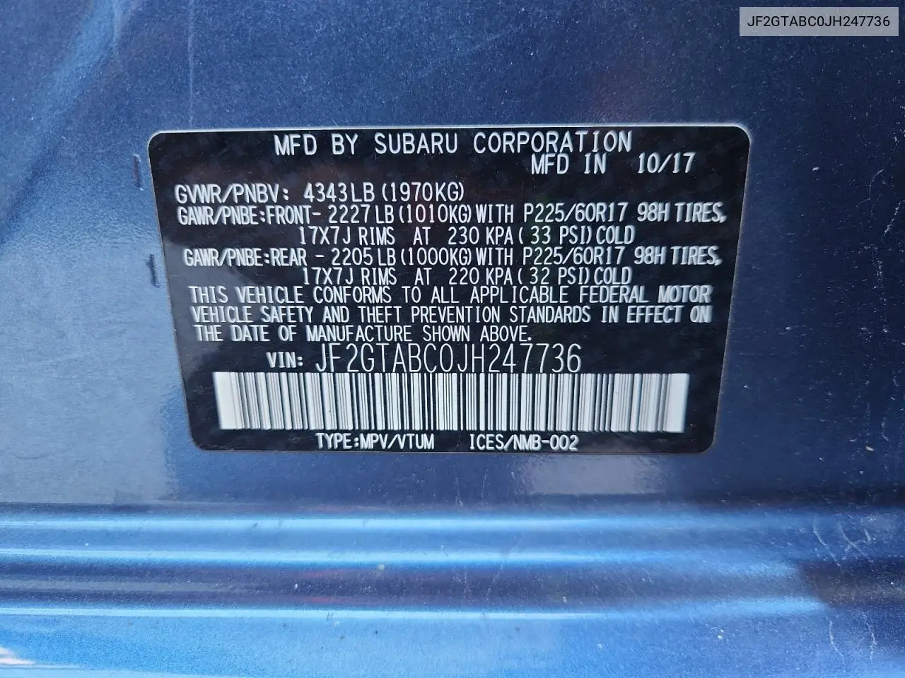 2018 Subaru Crosstrek Premium VIN: JF2GTABC0JH247736 Lot: 63123625