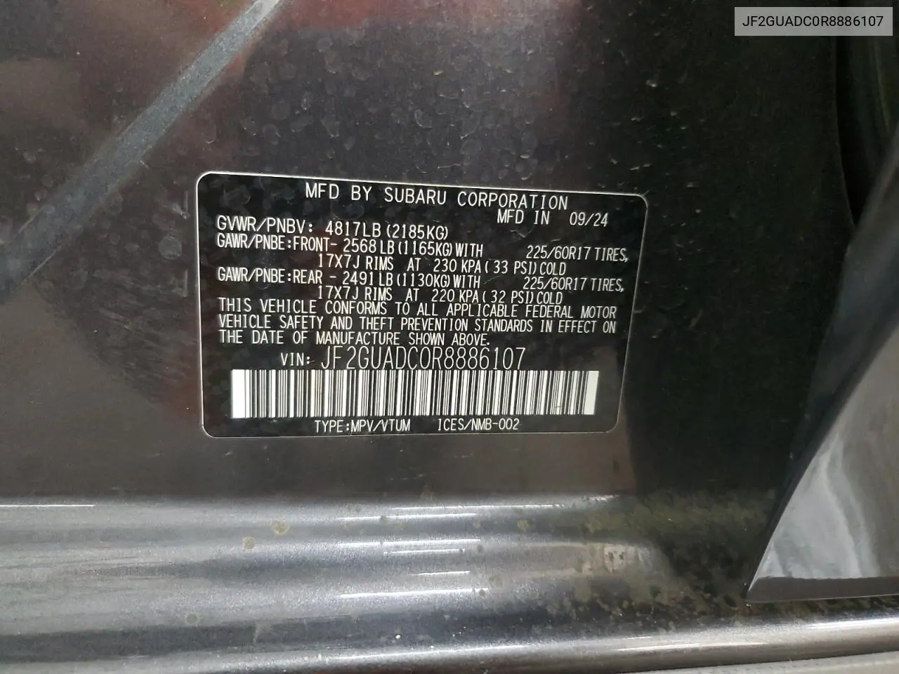 2024 Subaru Crosstrek Premium VIN: JF2GUADC0R8886107 Lot: 56731165