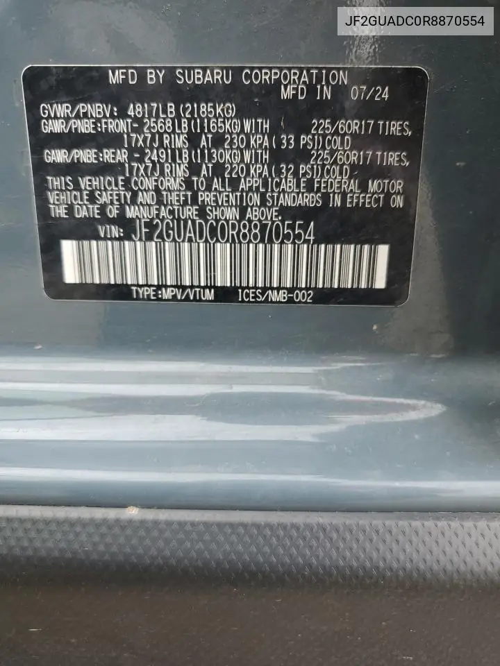 2024 Subaru Crosstrek Premium VIN: JF2GUADC0R8870554 Lot: 62770555