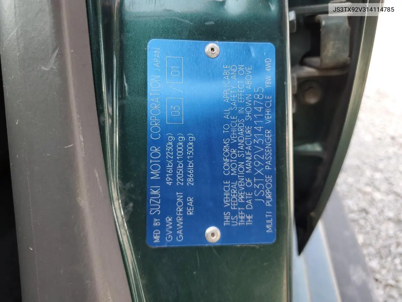2001 Suzuki Grand Vitara Xl7 Touring VIN: JS3TX92V314114785 Lot: 53395035