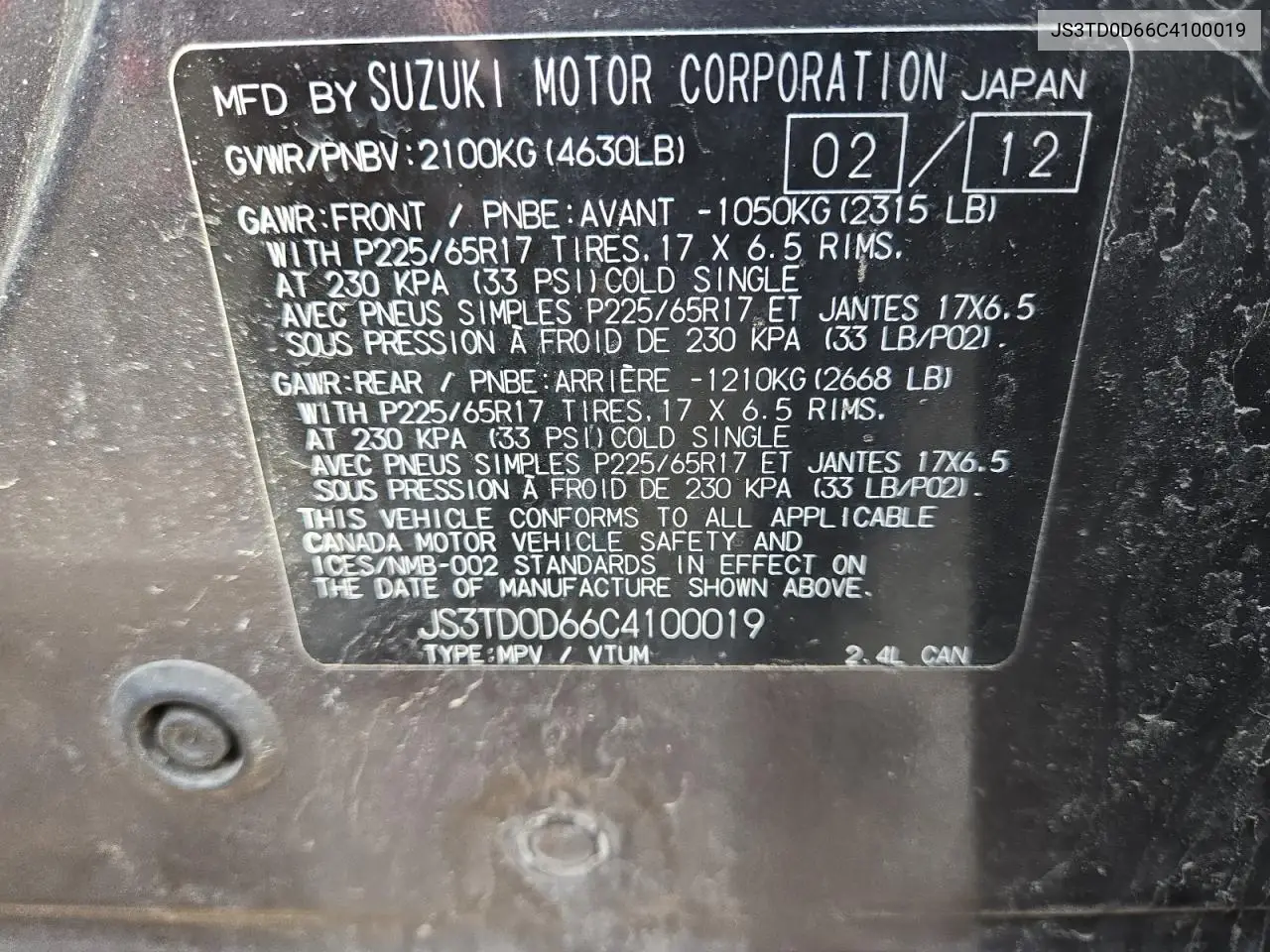 2012 Suzuki Grand Vitara Premium VIN: JS3TD0D66C4100019 Lot: 52716925