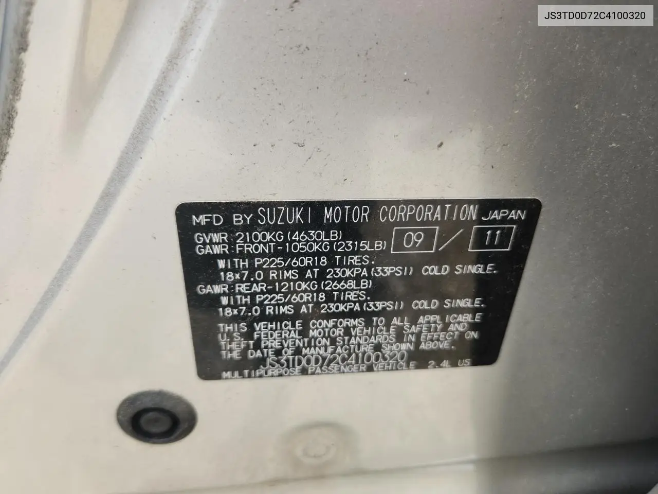 2012 Suzuki Grand Vitara Jlx VIN: JS3TD0D72C4100320 Lot: 64412045