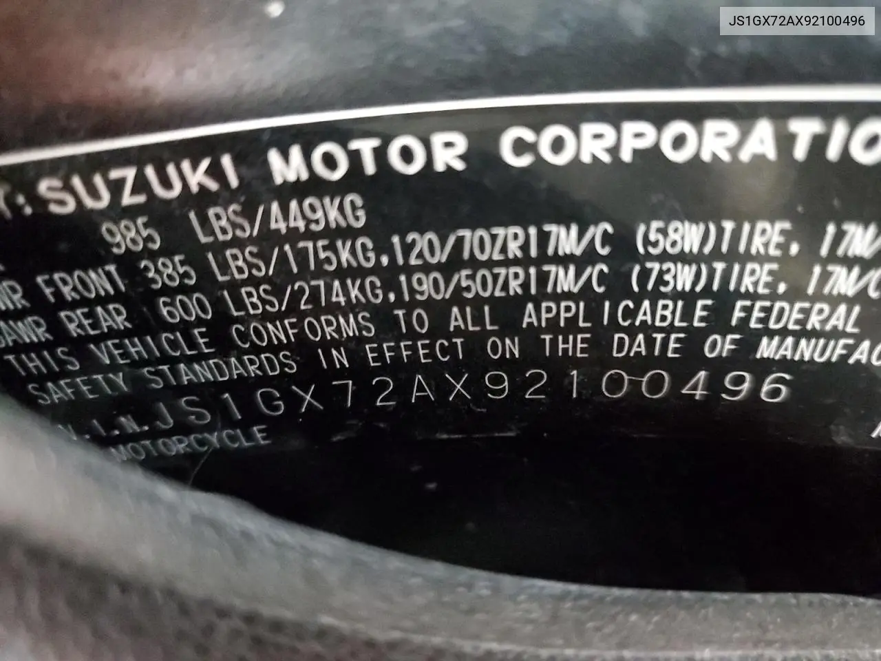2009 Suzuki Gsx1300 R VIN: JS1GX72AX92100496 Lot: 53342755