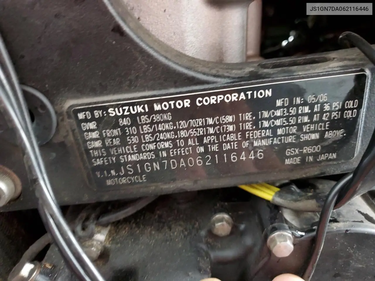 2006 Suzuki Gsx-R600 K6 VIN: JS1GN7DA062116446 Lot: 65792825