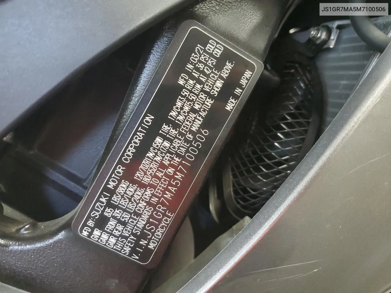 2021 Suzuki Gsx-R750 VIN: JS1GR7MA5M7100506 Lot: 61843175