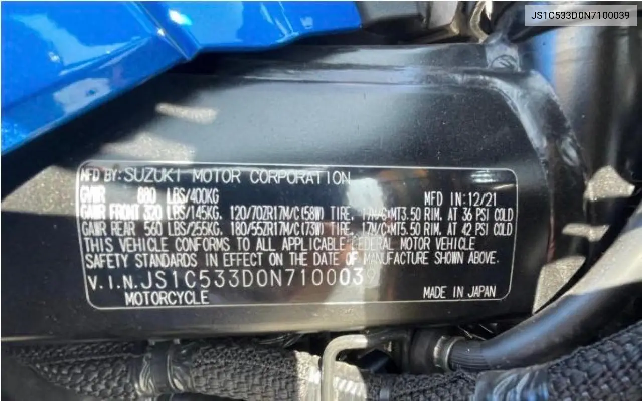 2022 Suzuki Gsx-S750 M VIN: JS1C533D0N7100039 Lot: 52459505