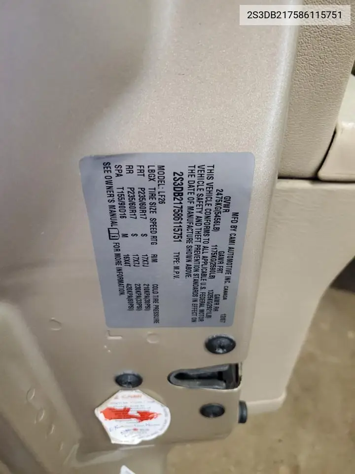 2008 Suzuki Xl7 VIN: 2S3DB217586115751 Lot: 53758655