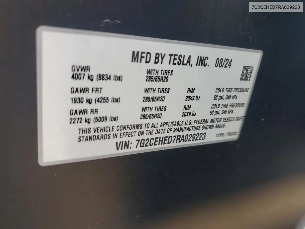 2024 Tesla Cybertruck VIN: 7G2CEHED7RA029223 Lot: 51868335