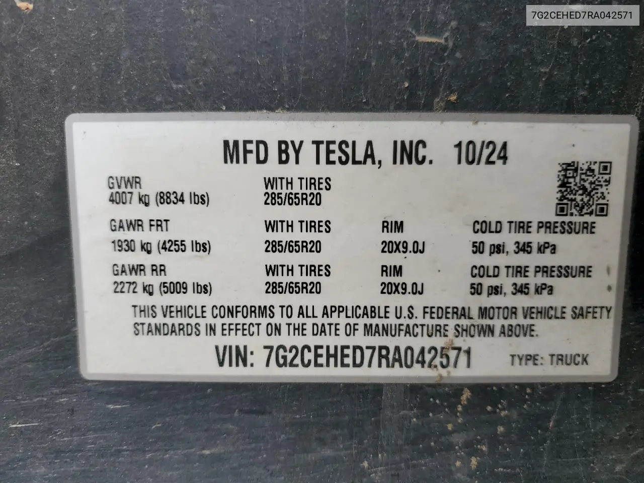 2024 Tesla Cybertruck VIN: 7G2CEHED7RA042571 Lot: 54872005