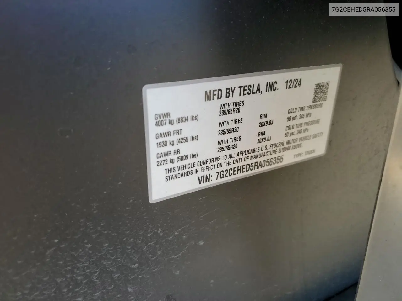 2024 Tesla Cybertruck VIN: 7G2CEHED5RA056355 Lot: 54949435