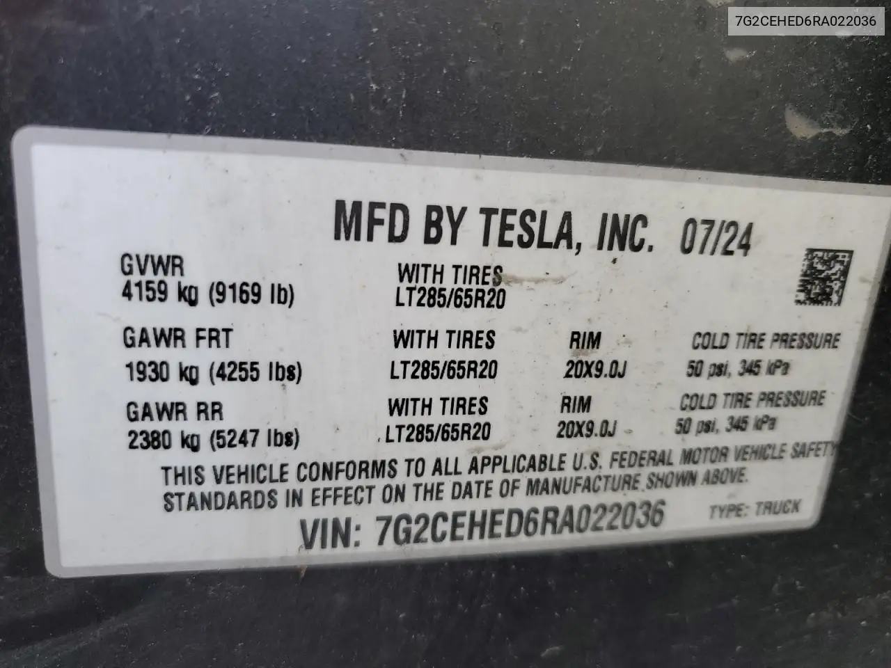2024 Tesla Cybertruck VIN: 7G2CEHED6RA022036 Lot: 58092145