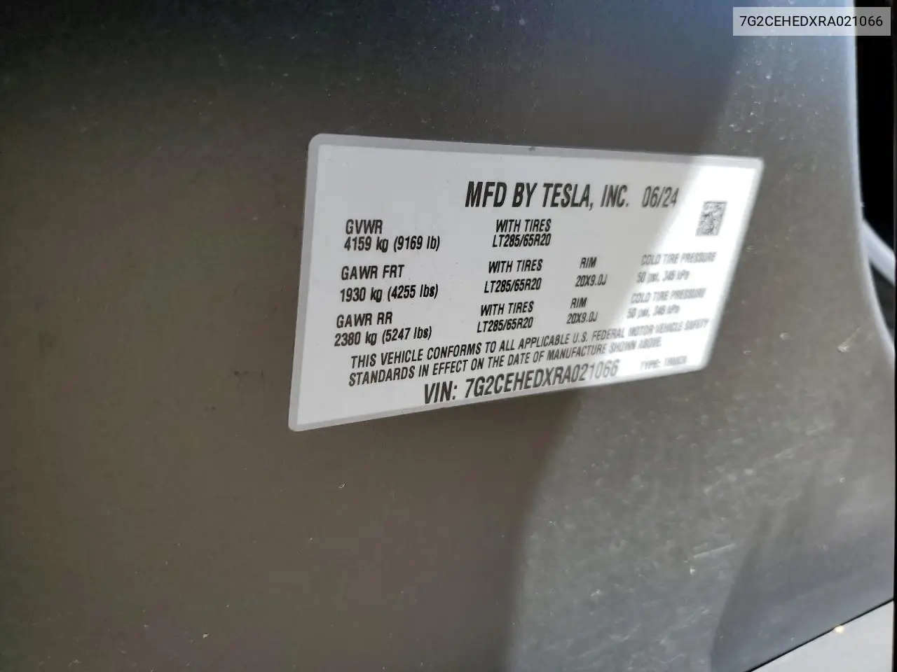 2024 Tesla Cybertruck VIN: 7G2CEHEDXRA021066 Lot: 59327495