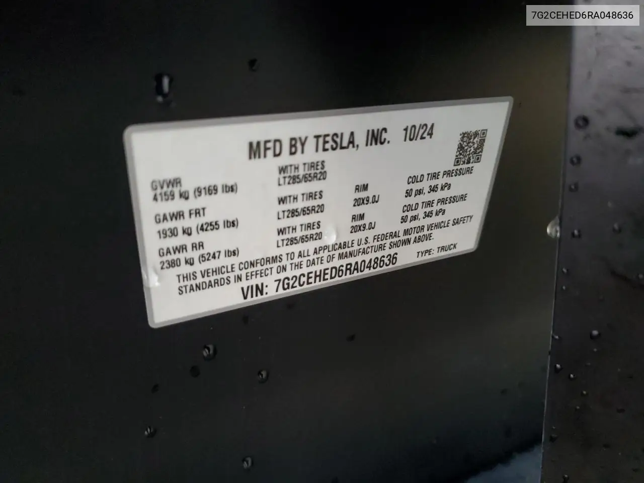 2024 Tesla Cybertruck VIN: 7G2CEHED6RA048636 Lot: 59615575