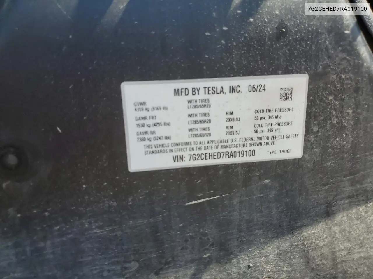 2024 Tesla Cybertruck VIN: 7G2CEHED7RA019100 Lot: 63061905