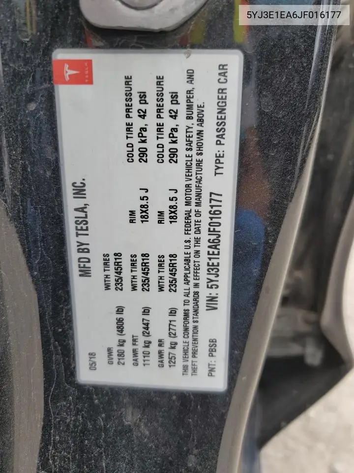 2018 Tesla Model 3 VIN: 5YJ3E1EA6JF016177 Lot: 56293305
