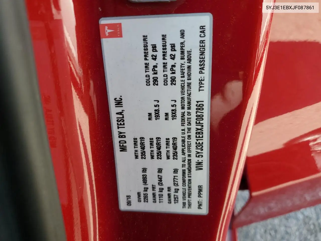 2018 Tesla Model 3 VIN: 5YJ3E1EBXJF087861 Lot: 56951505