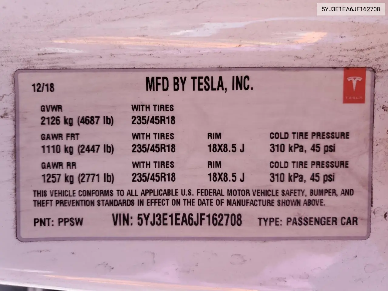 2018 Tesla Model 3 VIN: 5YJ3E1EA6JF162708 Lot: 62786485