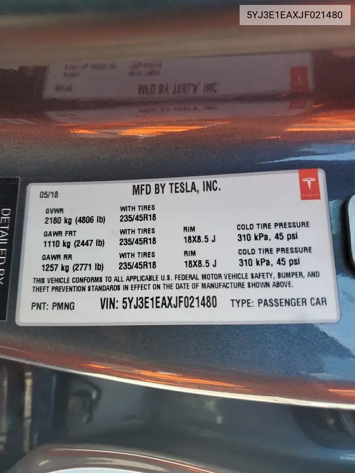 2018 Tesla Model 3 VIN: 5YJ3E1EAXJF021480 Lot: 62895985