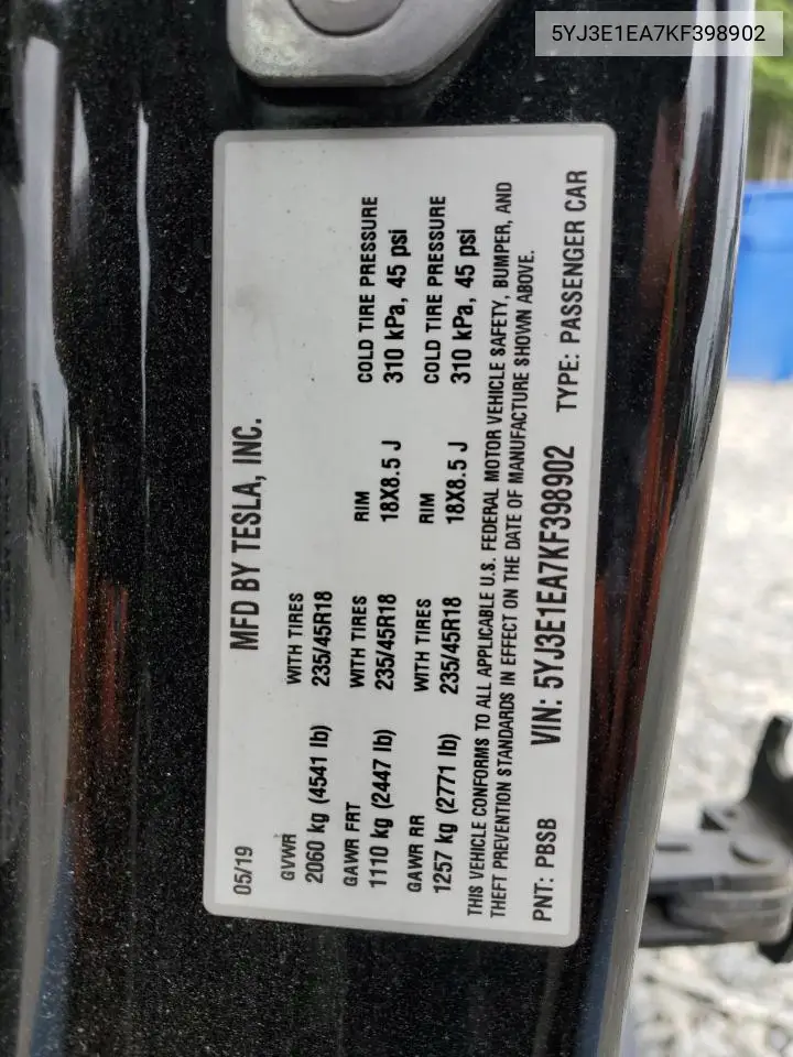 2019 Tesla Model 3 VIN: 5YJ3E1EA7KF398902 Lot: 59399995