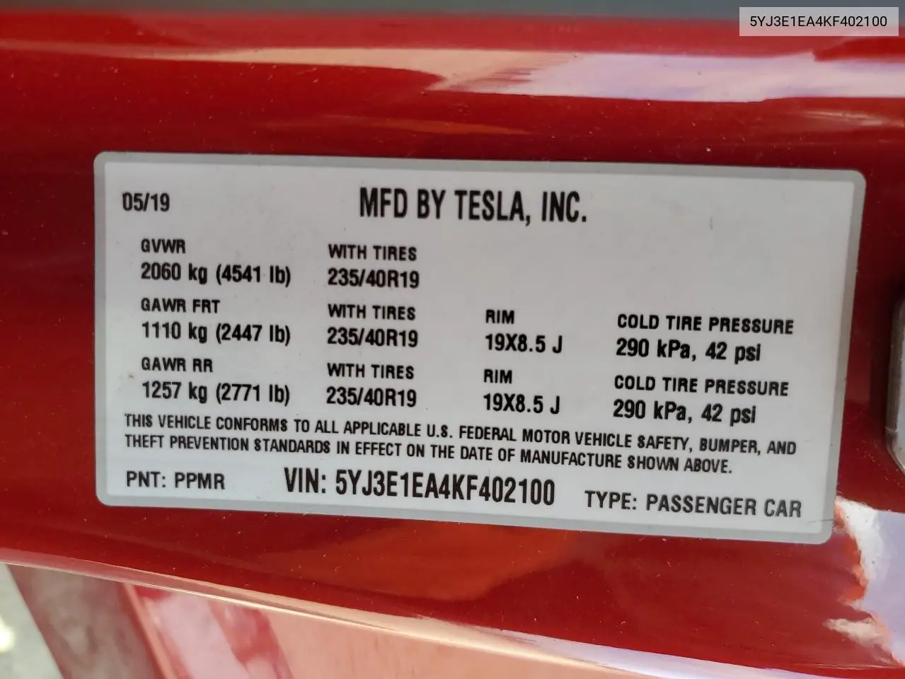 2019 Tesla Model 3 VIN: 5YJ3E1EA4KF402100 Lot: 59715935