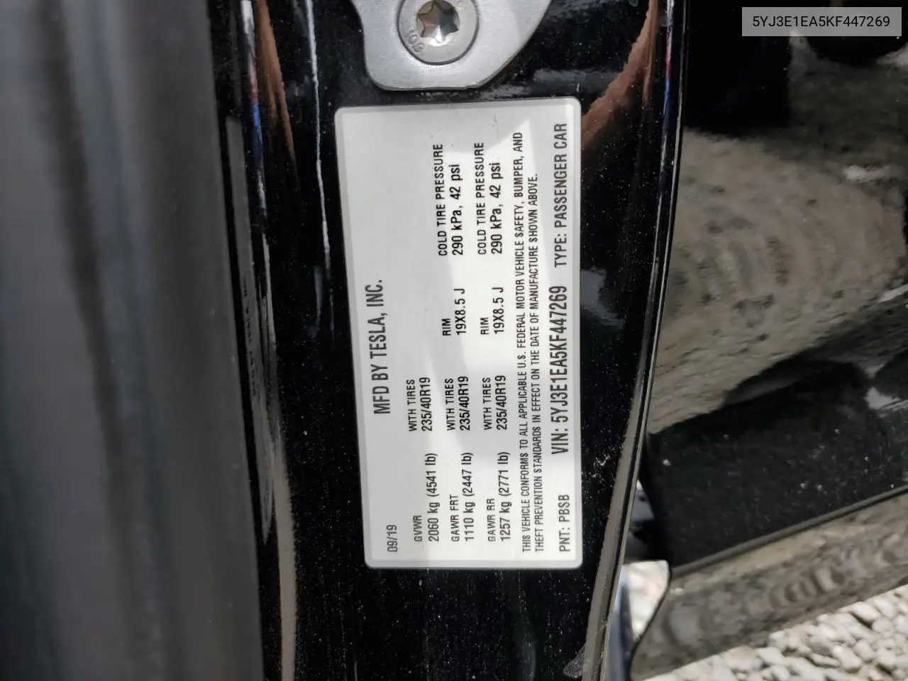 2019 Tesla Model 3 VIN: 5YJ3E1EA5KF447269 Lot: 63060835