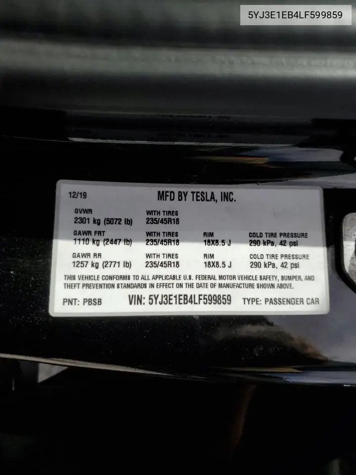 2020 Tesla Model 3 VIN: 5YJ3E1EB4LF599859 Lot: 62944305