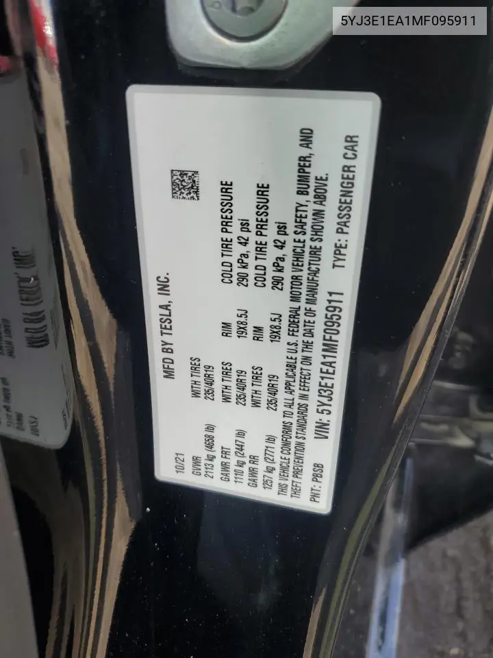2021 Tesla Model 3 VIN: 5YJ3E1EA1MF095911 Lot: 63973795