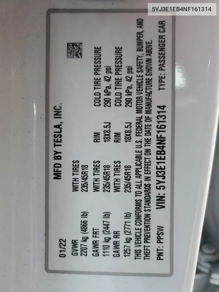 2022 Tesla Model 3 VIN: 5YJ3E1EB4NF161314 Lot: 57060725