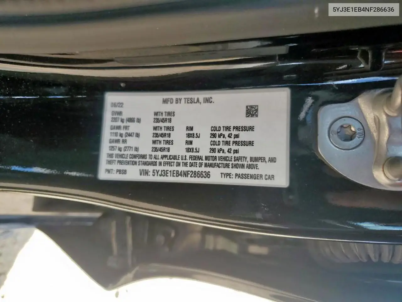 2022 Tesla Model 3 VIN: 5YJ3E1EB4NF286636 Lot: 62825175