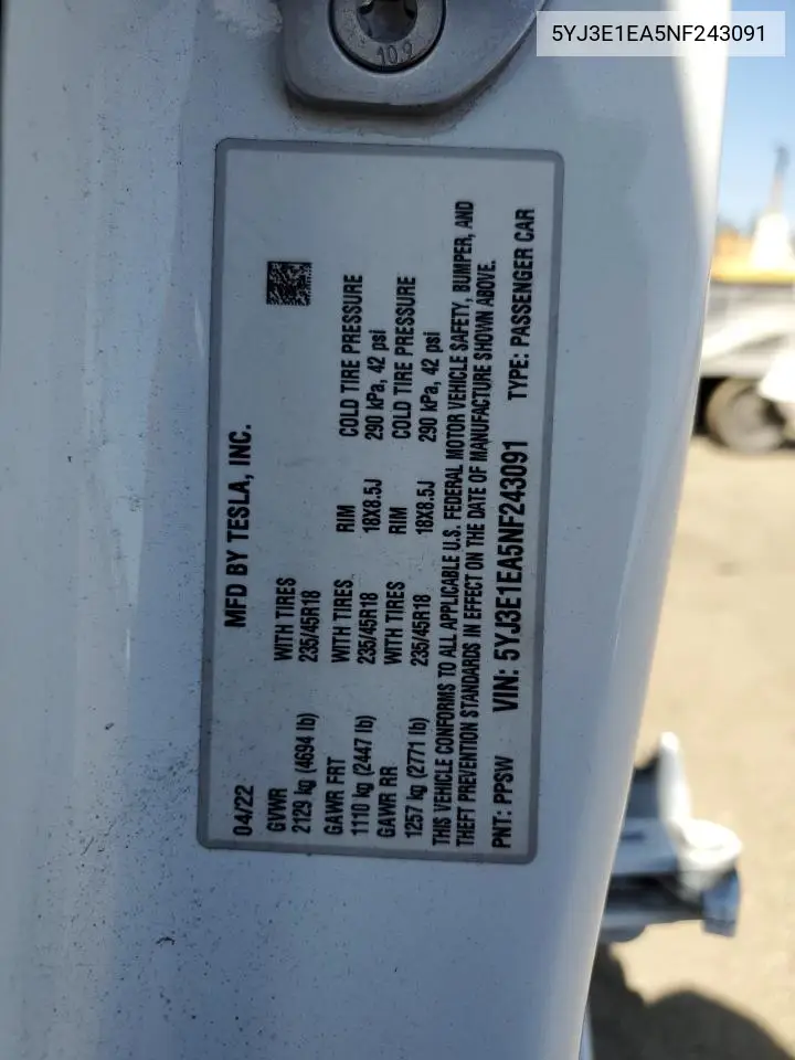 2022 Tesla Model 3 VIN: 5YJ3E1EA5NF243091 Lot: 62852605