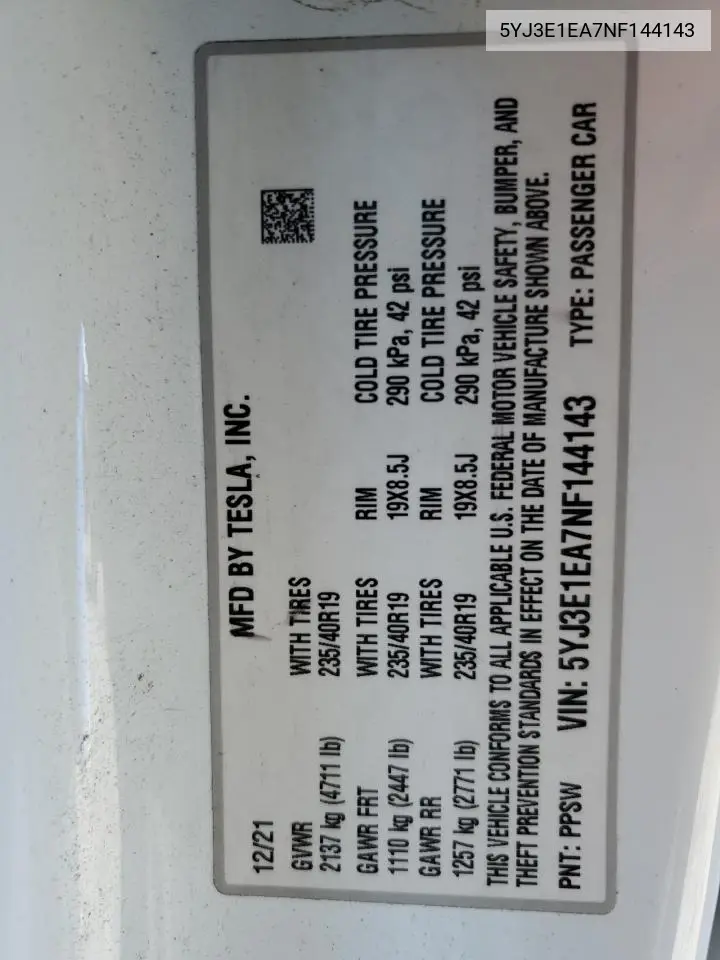 2022 Tesla Model 3 VIN: 5YJ3E1EA7NF144143 Lot: 63061525