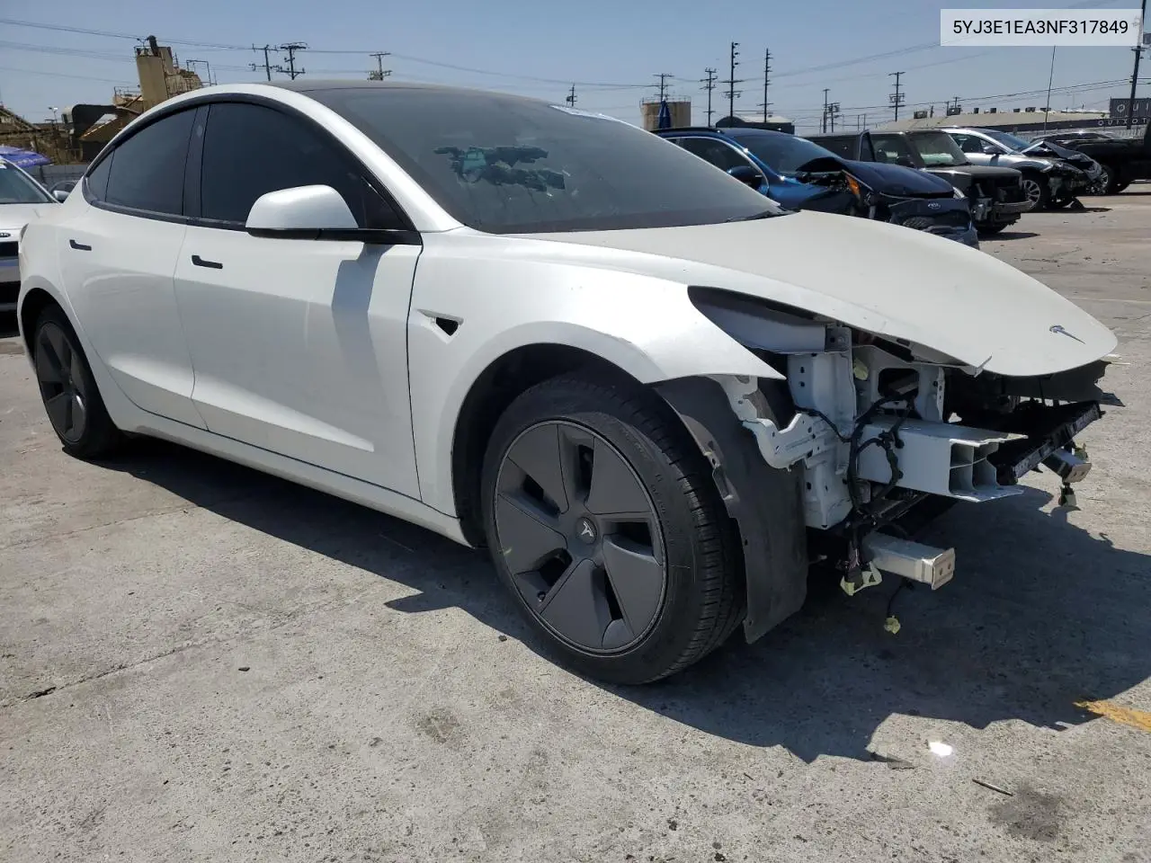 2022 Tesla Model 3 VIN: 5YJ3E1EA3NF317849 Lot: 63475705