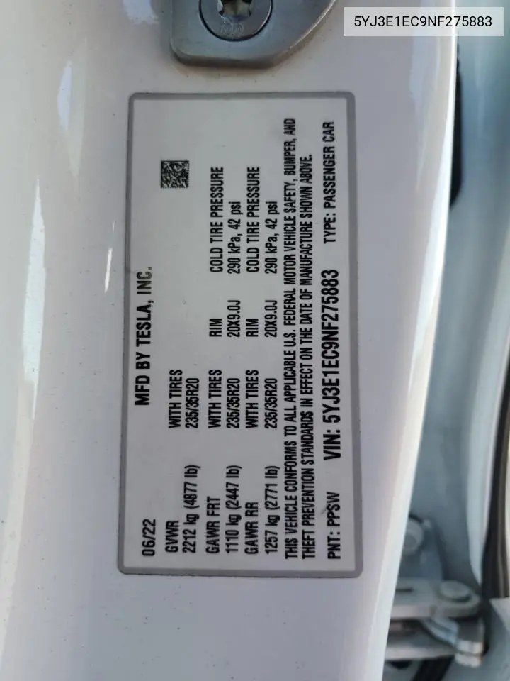 2022 Tesla Model 3 VIN: 5YJ3E1EC9NF275883 Lot: 78108074