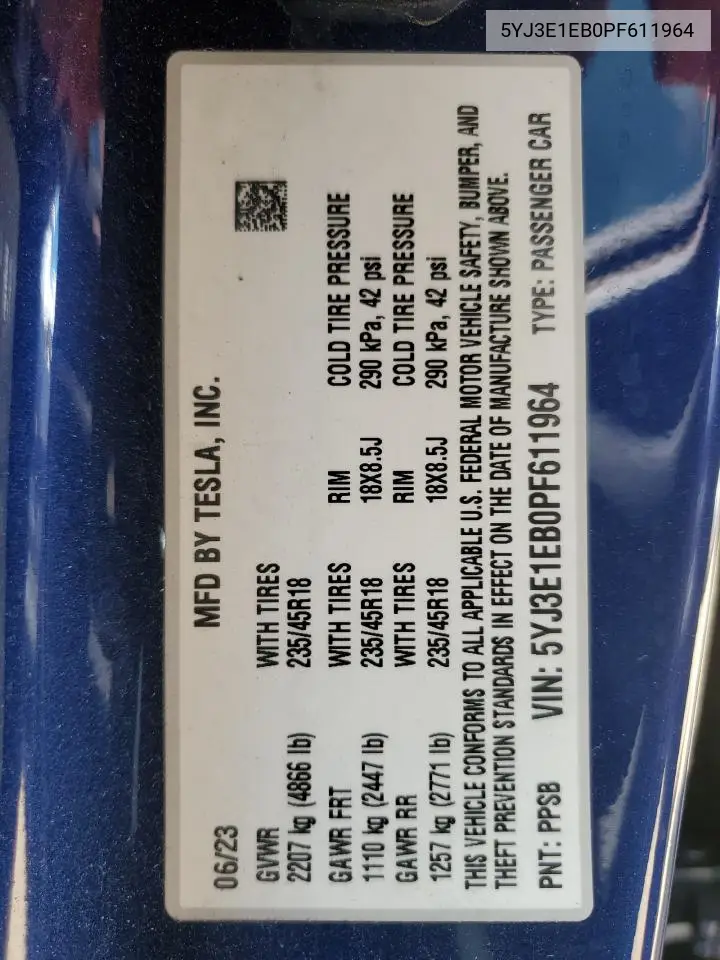 2023 Tesla Model 3 VIN: 5YJ3E1EB0PF611964 Lot: 56582915