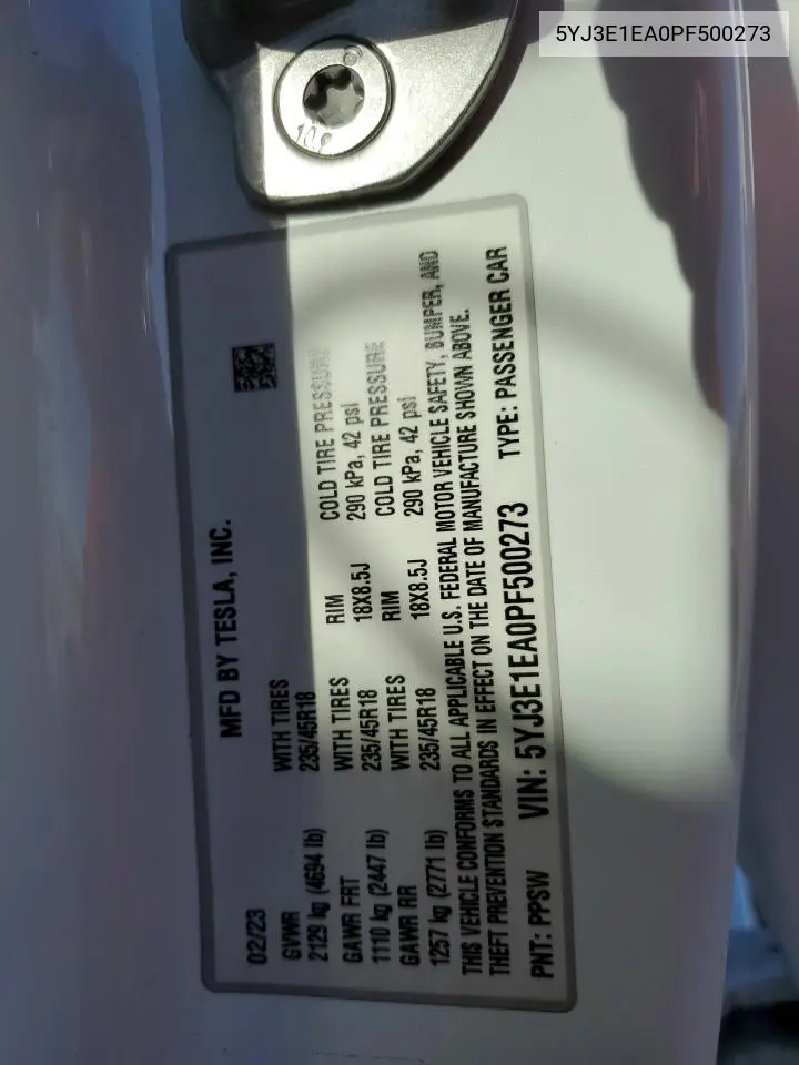 2023 Tesla Model 3 VIN: 5YJ3E1EA0PF500273 Lot: 61531395