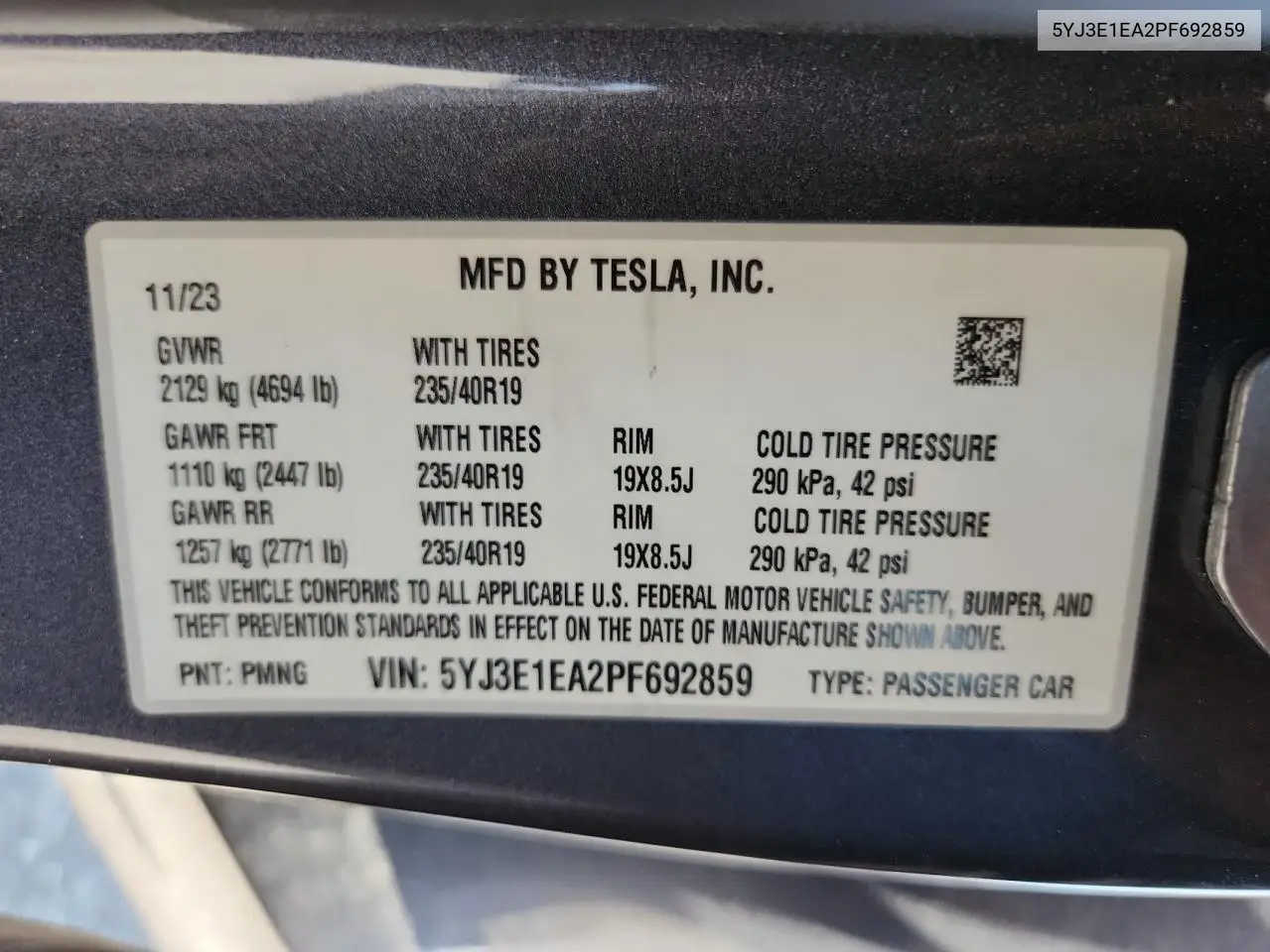 2023 Tesla Model 3 VIN: 5YJ3E1EA2PF692859 Lot: 62235525
