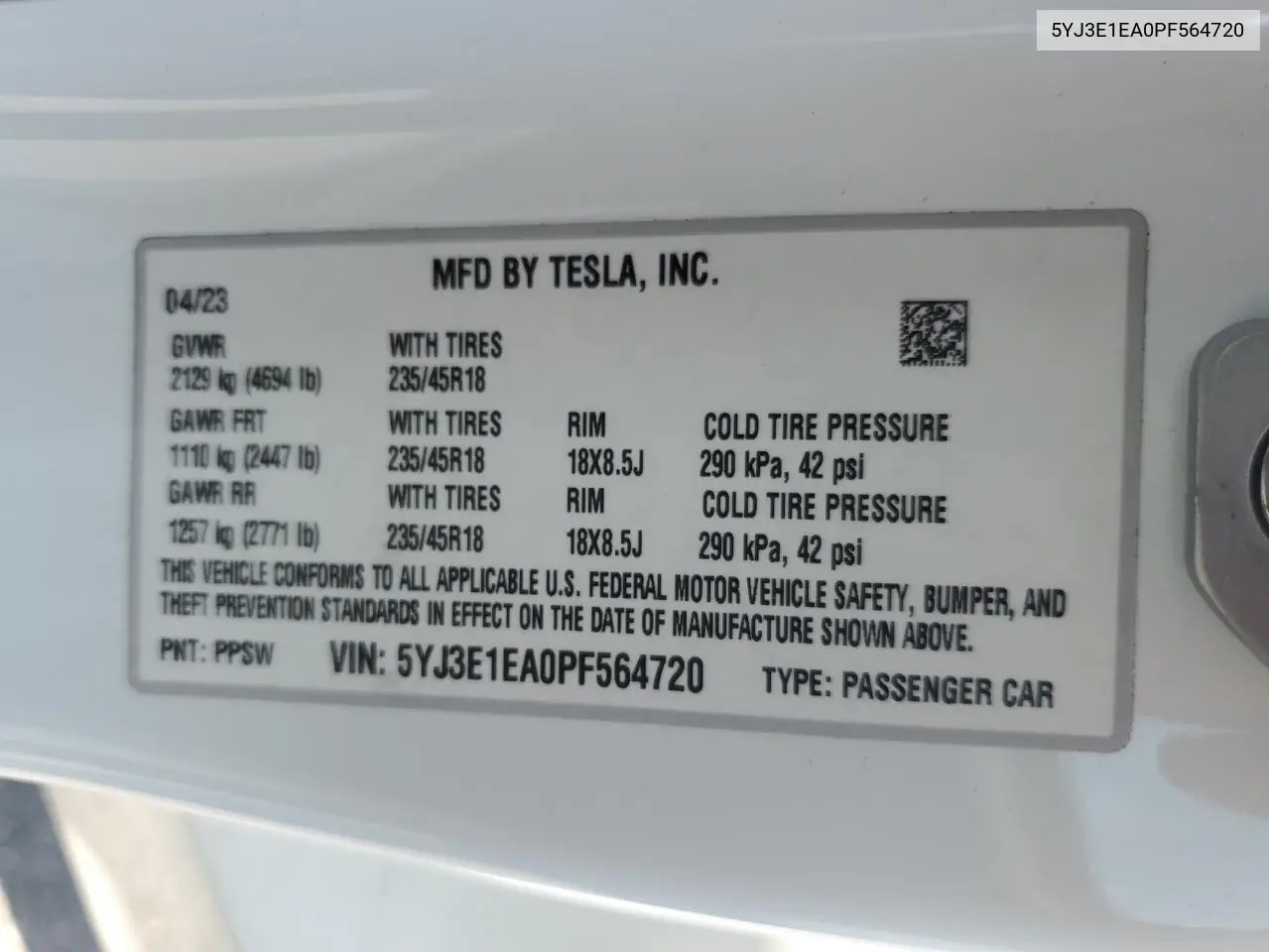 2023 Tesla Model 3 VIN: 5YJ3E1EA0PF564720 Lot: 62594315