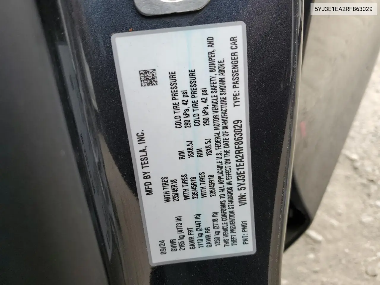 2024 Tesla Model 3 VIN: 5YJ3E1EA2RF863029 Lot: 55879635