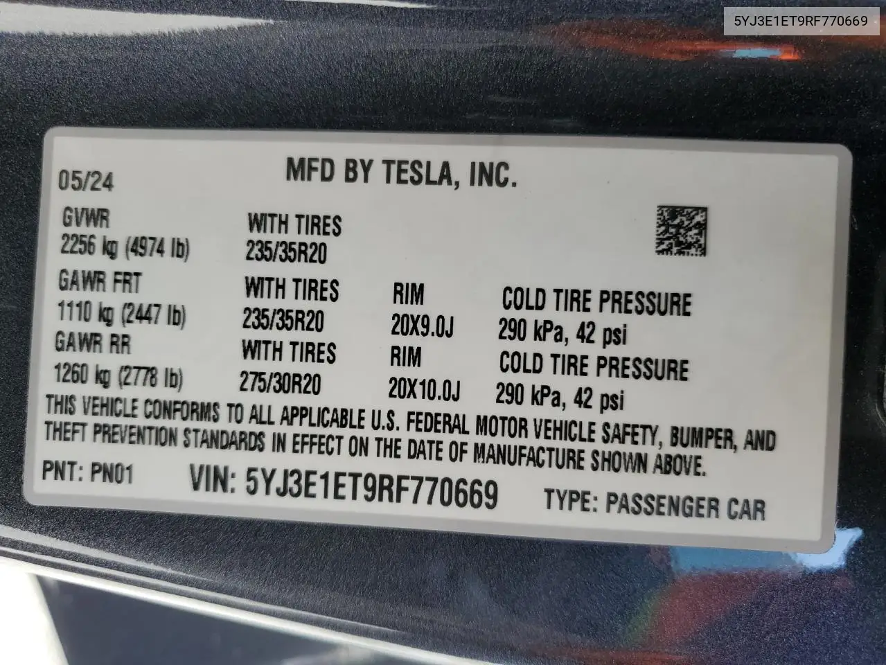 2024 Tesla Model 3 VIN: 5YJ3E1ET9RF770669 Lot: 58593785